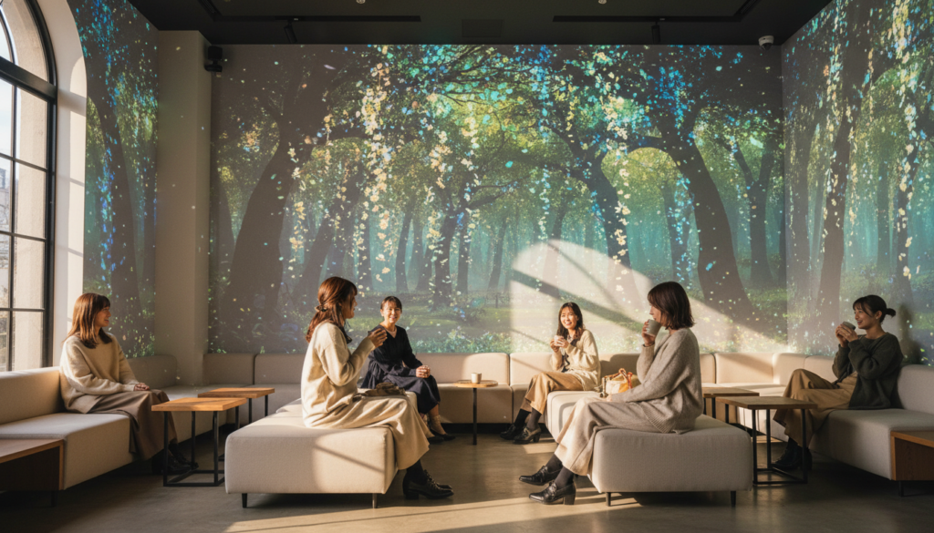 韓国カフェ. 映画のようなライフスタイル写真。驚くほど現代的で没入感のあるメディアアートカフェの店内。壁には魅惑的で絶えず変化するデジタルフォレストのプロジェクションが投影されている。トレンディな普段着を着た洗練された現代の日本の若い女性たちが、ミニマリストな家具に座り、空間を楽しみながらリラックスしている。自然な瞬間、浅い被写界深度、温かく快適な雰囲気、最高級のデザイン。伝統衣装なし。