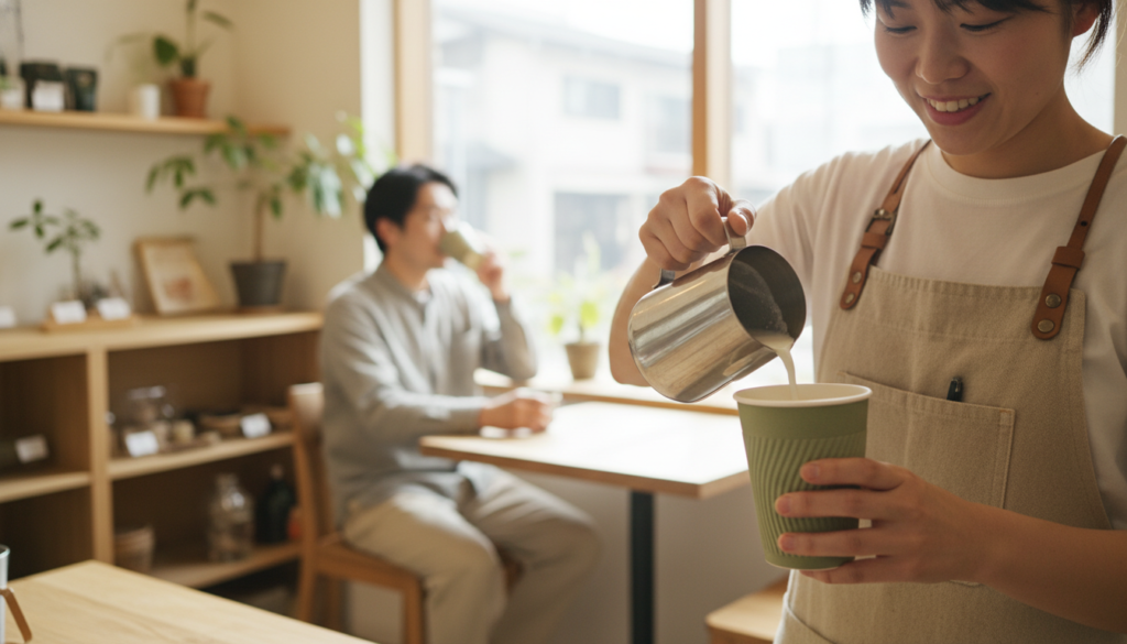 明るく環境に優しいカフェ店内の自然なライフスタイル写真。洗練された現代的なエプロンを身に着けたプロのバリスタが、生分解性のエコカップにオーツミルクを慎重に注いでいる。背景にはリラックスした現代の日本の顧客が待っている。温かい自然光、バリスタの手と持続可能なカップに焦点。すっきりとミニマルな美学。
