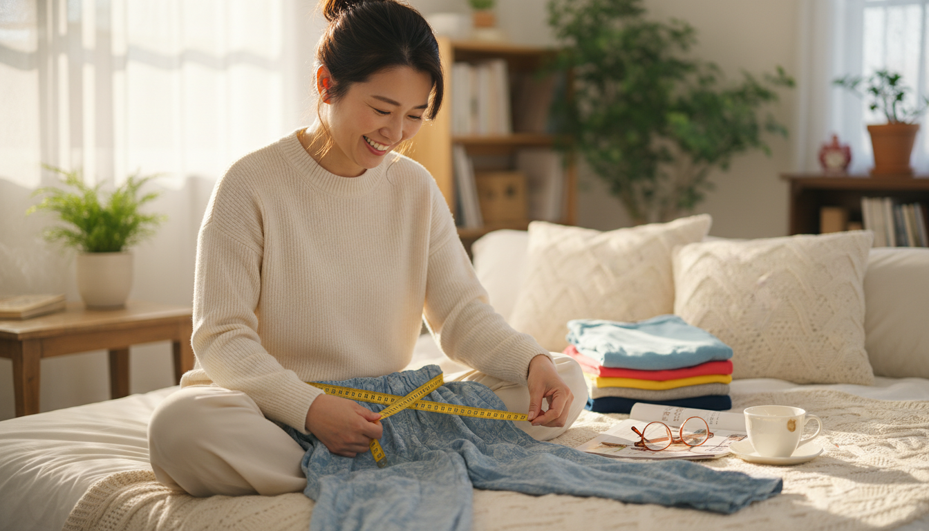 失敗しないサイズ選びのために、一番自分に似合う手持ちの服を平置きして寸法を測る様子。