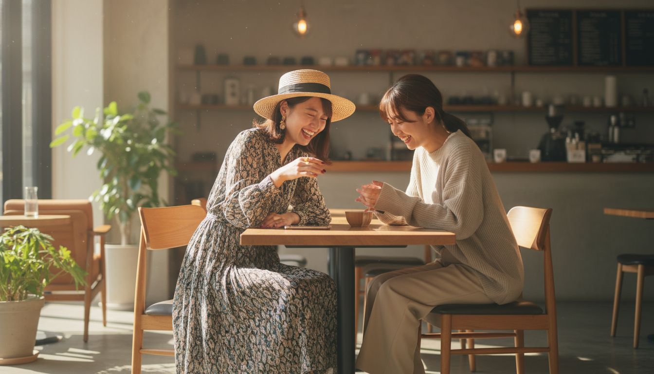 トレンドを共有し、美しさを磨き合う親友との幸せなカフェタイム