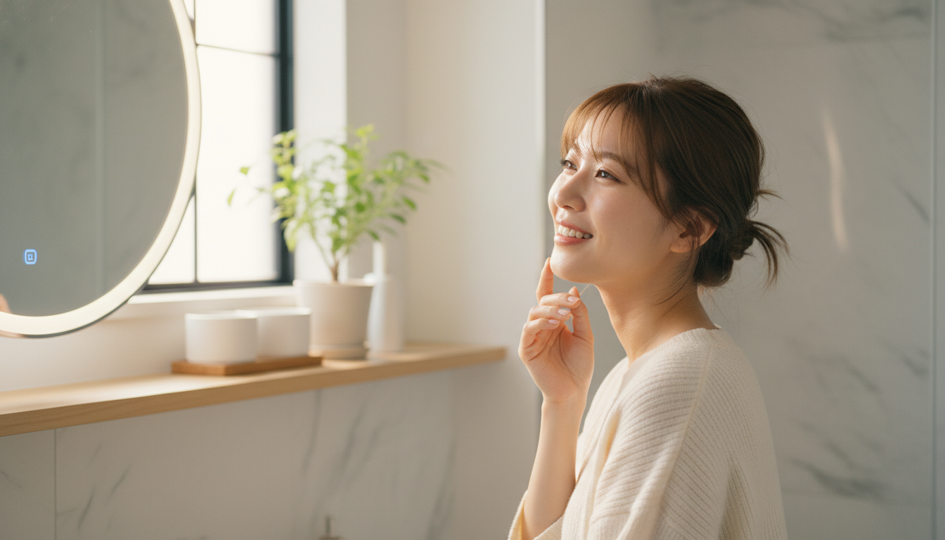 韓国クリーンビューティーブランド. 鏡の前で毎日の肌の変化を実感し、心満たされるスキンケアタイムを過ごす女性
