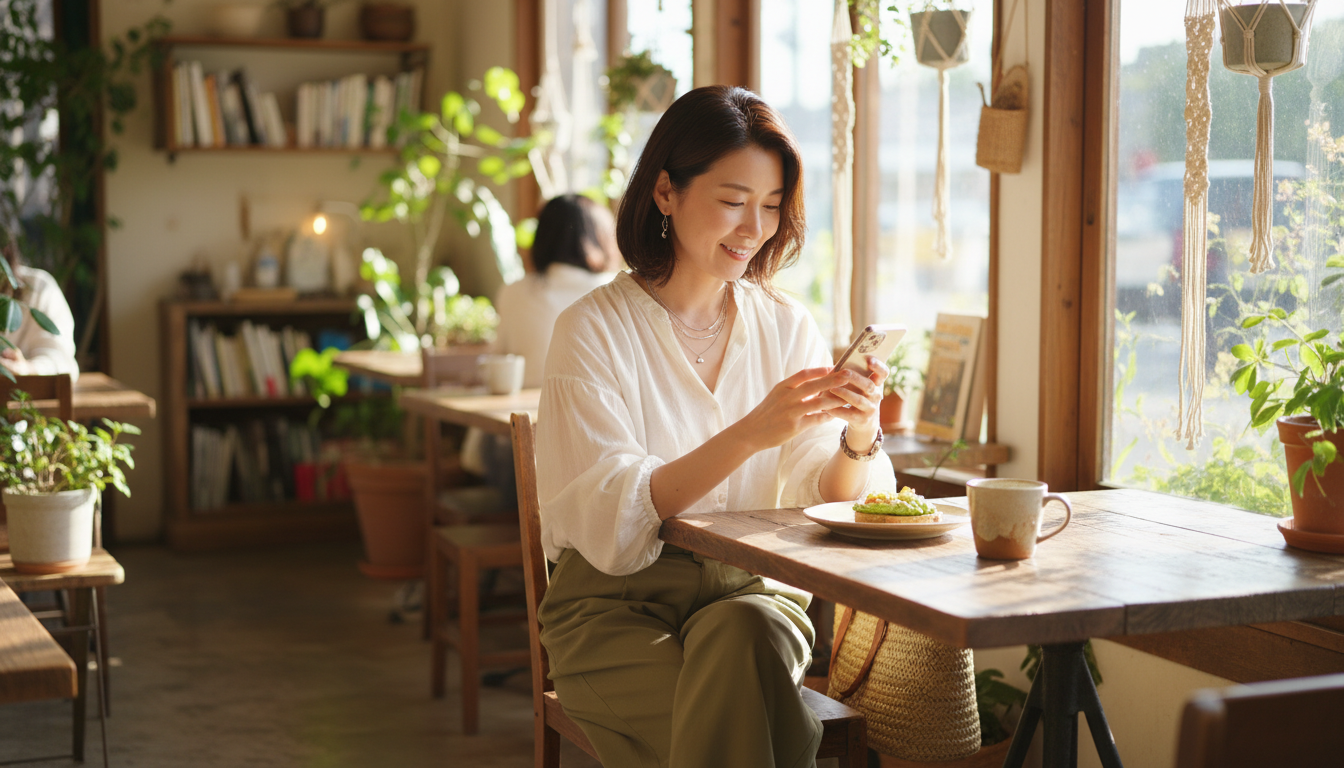 メガ割などのセールを活用し、スマートフォンを使ってスマートにエシカル消費を楽しむ現代の女性