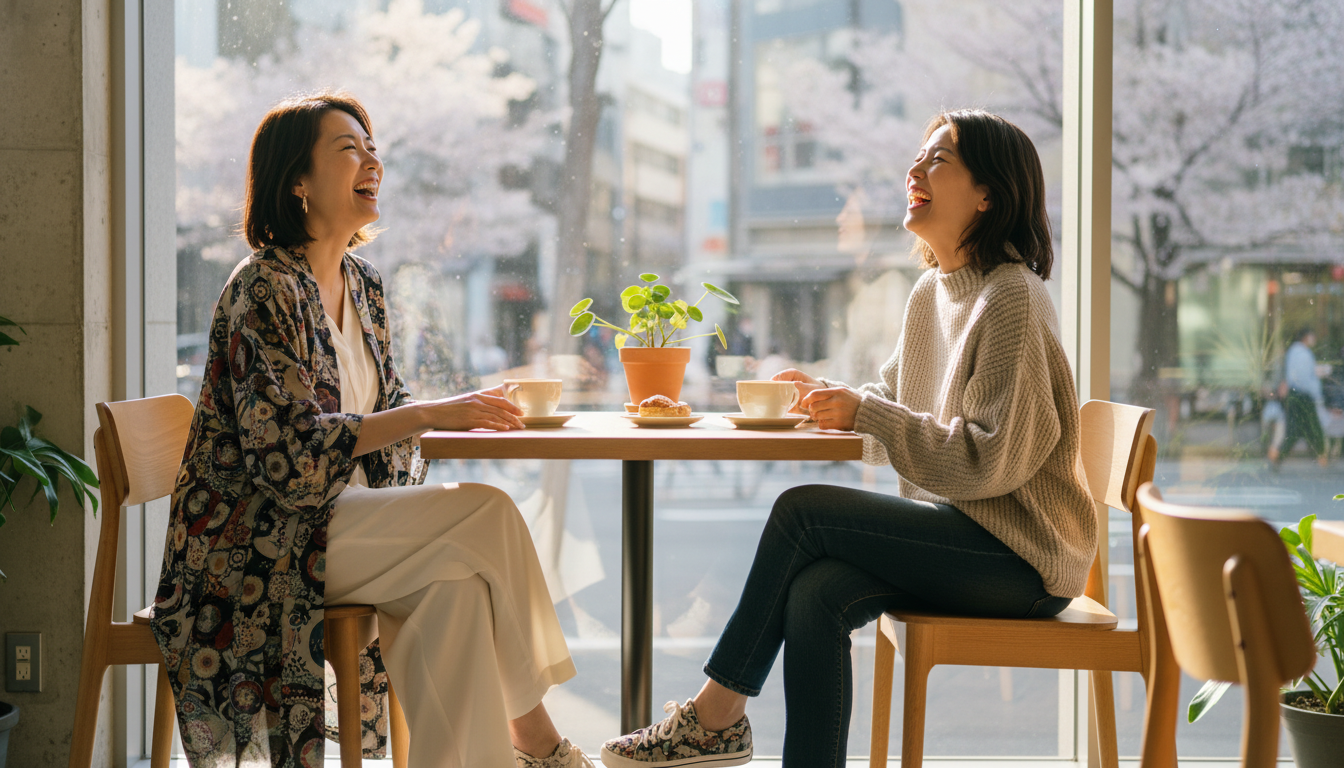 陽光が差し込むモダンな東京のカフェで、コーヒーを飲みながら心から明るく笑っているスタイリッシュな40代の女性の友人2人。2人とも信じられないほどツヤがありハリのある肌をしている。暖かくリラックスした雰囲気、自然なライフスタイルショット、モダンな普段着。