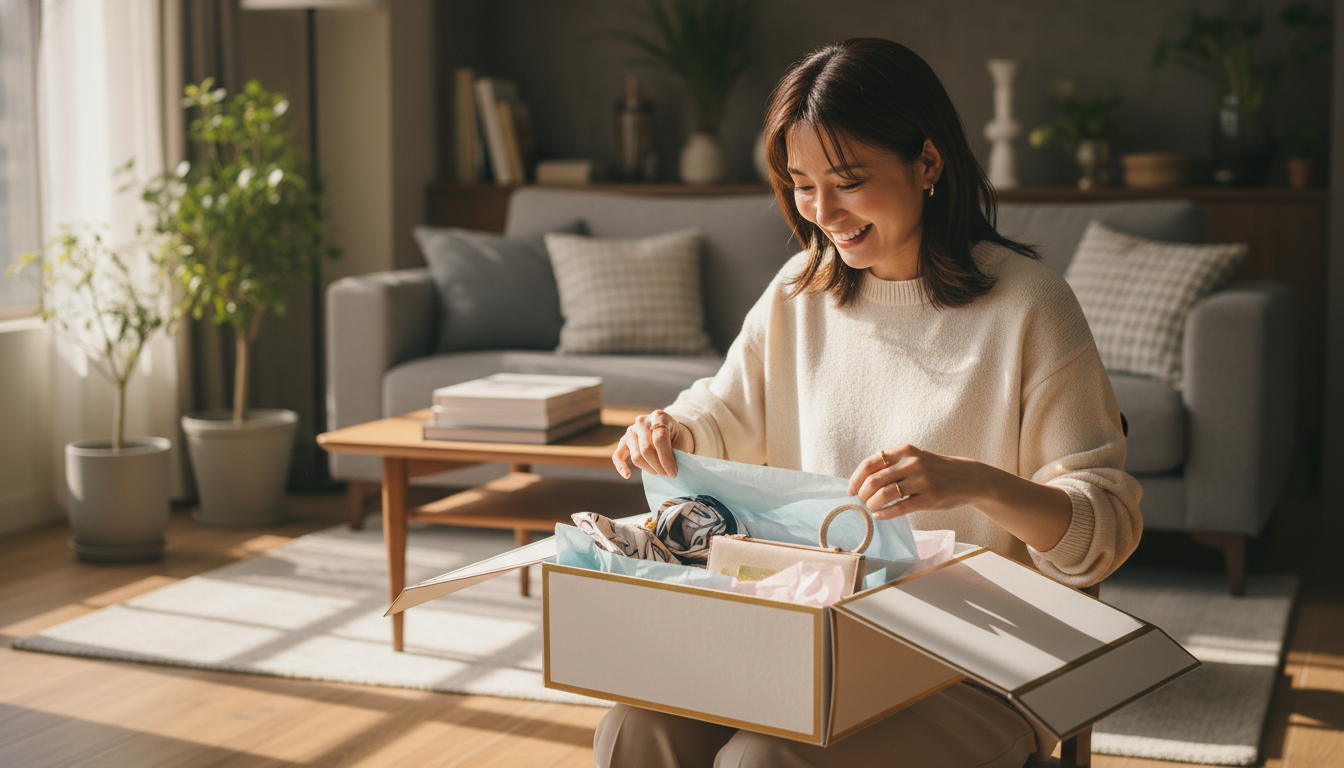 信頼できるプラットフォームを活用して海外通販の不安を解消し、新しい服との出会いを楽しむ様子。