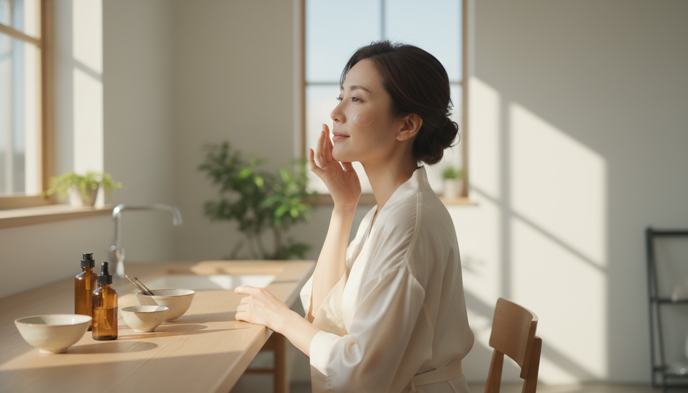 韓国コスメ. 明るくモダンなミニマリスト風のバスルームで、スキンケアセラムを優しく塗る30代前半の洗練された日本人女性の肩越しの視点。窓から差し込む朝の光。浅い被写界深度、温かくリラックスした雰囲気。