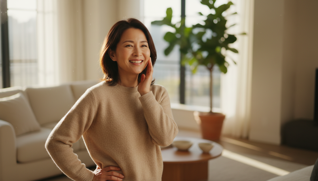日差しが差し込む洗練されたリビングルームに立ち、カジュアルなベージュのニットを着た40代の現代的な日本人女性。穏やかで自信に満ちた微笑みを浮かべ、艶やかで輝く自身の頬に触れている様子。温かい自然光。