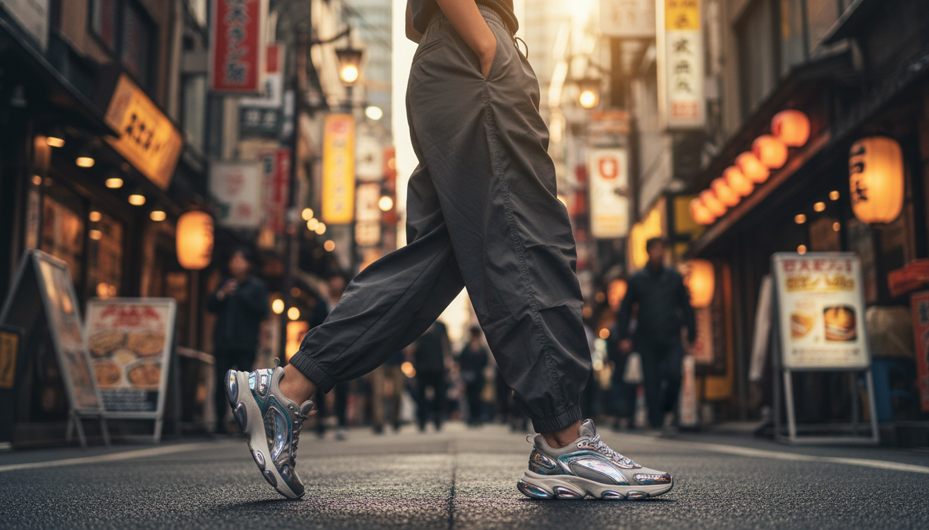 スニーカートレンド. ライフスタイル写真。東京の活気ある街を歩くスタイリッシュな若い日本人の下半身とダイナミックな歩行の動きに焦点。ワイドなパラシュートパンツにメタリックディテールが光るY3Kスタイルのフューチャリスティックスニーカーを着用。シネマティック照明、浅い被写界深度、モダンな都市の雰囲気。