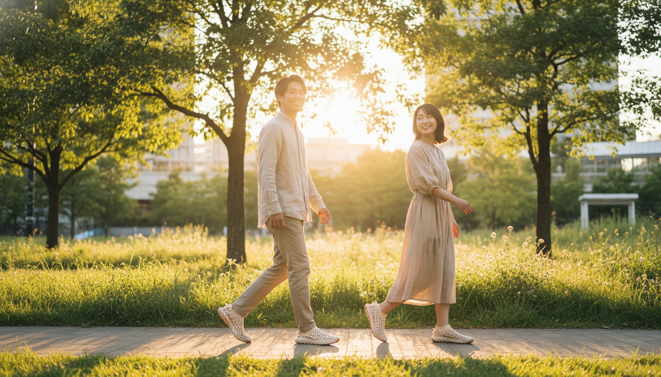 ライフスタイル写真。緑豊かな都会の公園を自信を持って歩くスタイリッシュな日本人カップル。バイオ培養アッパーを採用したエコフレンドリーなハイテクスニーカーをペアルックで着用。自然な瞬間、温かい夕暮れの照明、健康と環境への意識が感じられる雰囲気。