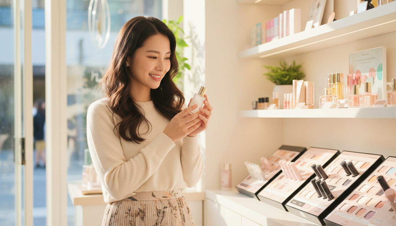 20代前半の洗練された日本人女性が、明るくトレンディなコスメショップで小さな香水瓶を手に持ち、優しく微笑んでいる様子。ライフスタイル写真、自然な瞬間、浅い被写界深度、温かみのある照明。