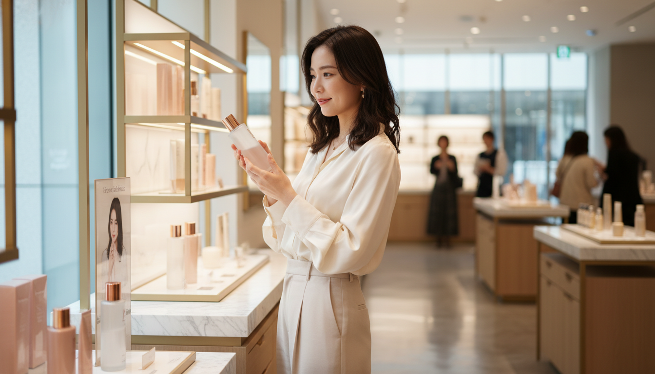 韓国ボディケア. 東京の高級で明るい化粧品ブティックで買い物をする、洗練された20代後半の現代日本の女性。ミニマルなデザインのボディケアボトルを手に取り、慎重に見ています。温かく優雅で洗練された雰囲気で、プレミアムなライフスタイルを強調しています。自然な瞬間、シネマティックな照明、浅い被写界深度、グラフや浮遊する要素なし。