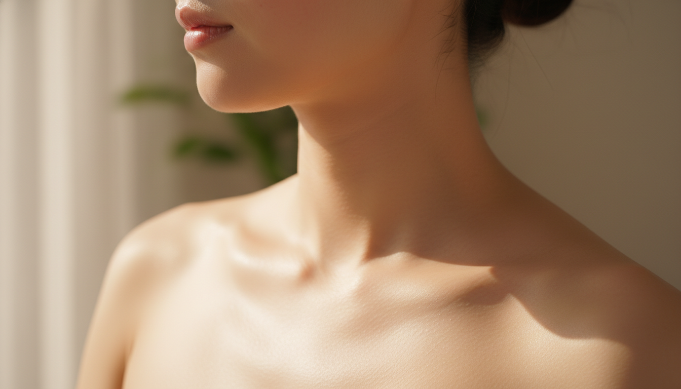 深い保湿感と健康的な輝きを放つ、エレガントな日本人女性の肩と鎖骨のクローズアップマクロ写真。クリーミーで豊かな質感のボディローションの一滴が肌の上に優しく置かれています。「ガラス肌」の質感を完璧に見せるため、温かいゴールデンアワーの陽光が肌を照らしています。感覚的でクリーンなビューティー、非常に詳細。