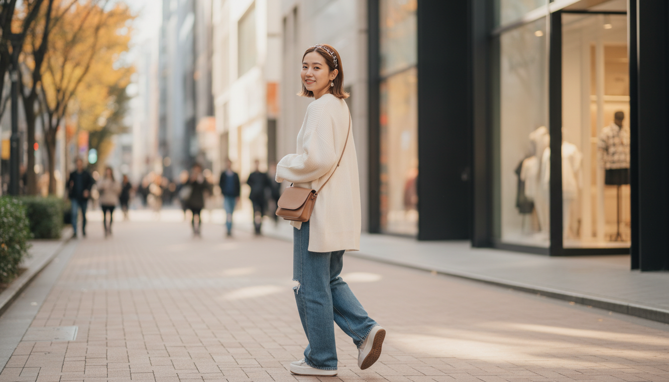 現代的な表参道の街を歩いているトレンディな20代前半の日本人女性、肩越しから見たショット。Y3Kにインスパイアされたワイヤーアートのメタルカチューシャを着用し、飾り気のない洗練された現代的な服装、温かくリラックスした雰囲気、自然なライフスタイルの瞬間。