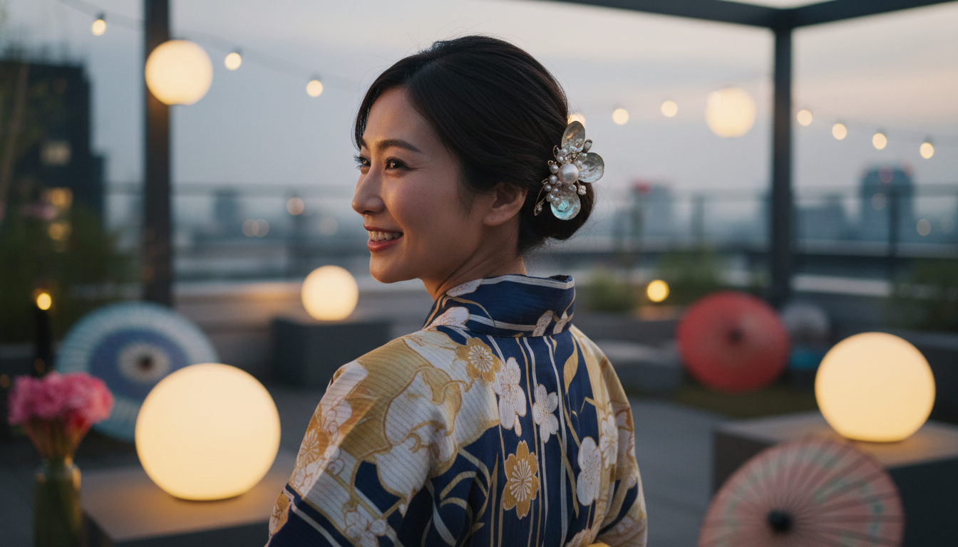 現代的な夜のイベントで、洗練された夏の浴衣を着た日本人女性が肩越しに振り返る姿。エレガントで環境に優しいパールと貝殻モチーフのヘアクリップを着用。雰囲気のある夜の照明、温かく満ち足りた雰囲気、浅い被写界深度。