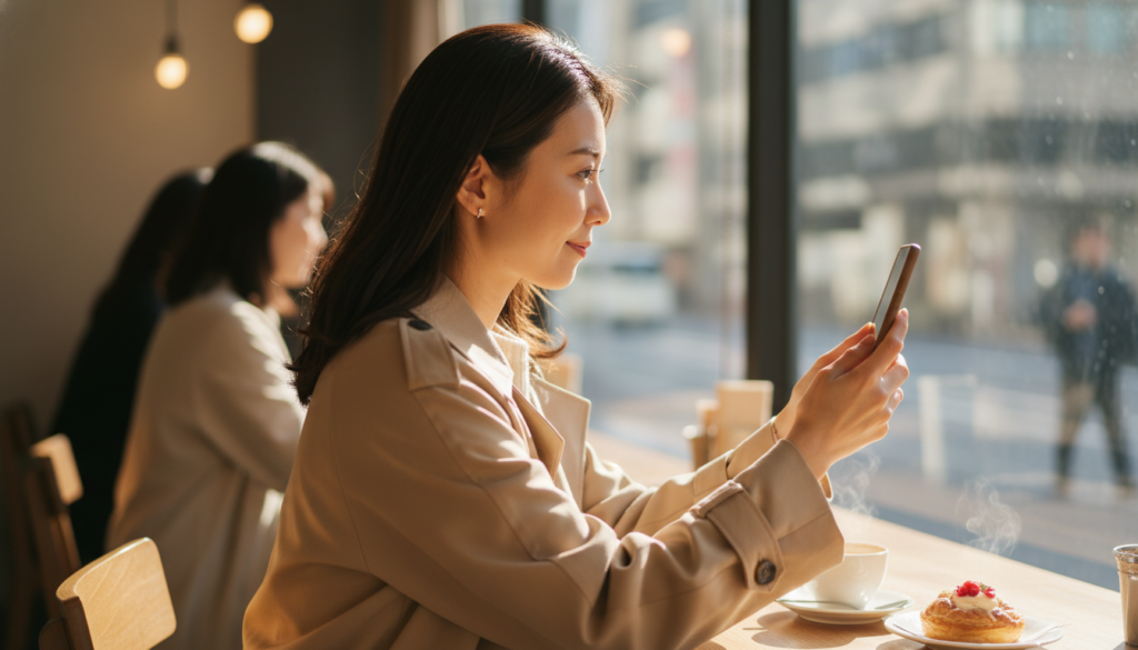 自然なライフスタイルカット。日差しの差し込むカフェに座っている30代のスタイリッシュでモダンな日本人女性が、AI肌診断アプリのためにスマートフォンを45度の角度で持ち、自撮りしている。肩越しの横顔の角度から撮影。モダンなベージュのトレンチコートを着用。グラフや浮かぶアイコンはなく、暖かく生き生きとした雰囲気。