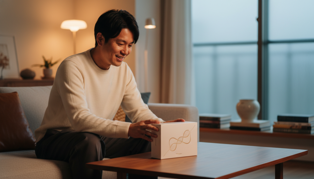 ライフスタイル写真。30代のモダンな日本人男性がスタイリッシュなリビングのソファに座り、コーヒーテーブルの上に置かれたエレガントでミニマルなDNA検査キットの箱を注意深く見つめている。温かみのある室内照明、リラックスした夜の雰囲気、カジュアルな高級ニットウェアを着用。少し横からの角度で撮影され、静かでパーソナルな瞬間を強調。