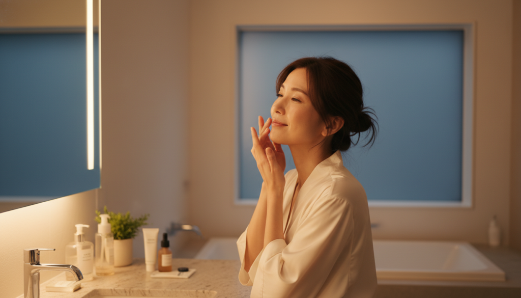 ナイトセラム. 夜、柔らかい照明が灯る洗練されたバスルームでスキンケアをしている30代の現代的な日本人女性。シネマティックな照明、温かくリラックスした雰囲気、浅い被写界深度、自然で飾らない瞬間。