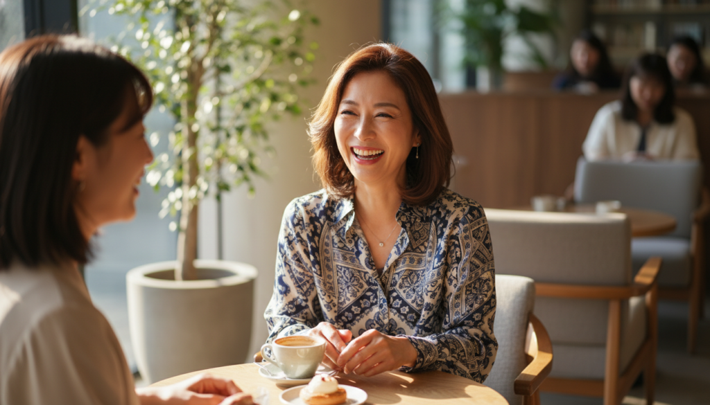 現代的な東京のカフェで友人と心から笑い合っている洗練された50代の日本人女性。輝くような自信に満ちた肌、自然なライフスタイルの写真、ぼやけた背景、温かな自然光。