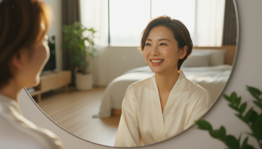 朝の陽射しを浴びながら鏡を見て微笑む30代の現代的な日本人女性。爽やかで自信に満ちた輝く肌、明るく風通しの良いモダンなインテリア、ライフスタイルの写真。