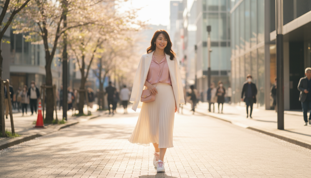 トレンドカラー. 東京・表参道の晴れた街並みを優雅に歩く、20代の洗練された日本人女性のライフスタイル写真。「クラウドダンサー」（温かみのある白）と「ハートフェルトピンク」を基調とした、柔らかく上品なコーディネート。自然な瞬間、温かいシネマティックな照明、浅い被写界深度、トレンディでリラックスした雰囲気。