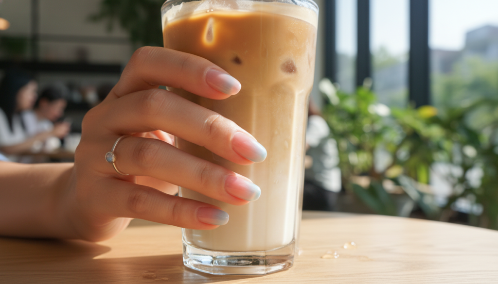 モダンなカフェでアイスラテを持つ、美しく手入れされた手のマクロ写真。2026年夏の「リキッド」カラートレンドを象徴する、淡いピンクと柔らかなブルーの色合いが美しい、艶やかで透明感のある「シロップネイル」。温かくリラックスしたライフスタイルの美学、シネマティックな照明。