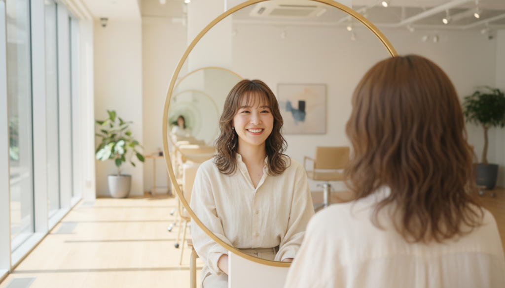 東京の洗練された明るくモダンな美容室でのライフスタイル写真。ブリーチなしで仕上げた美しい「ミルクティーベージュ」のヘアスタイルの若い日本人女性が、鏡を見ながら温かく微笑んでいる。柔らかな自然光、シックなインテリア、幸せで爽やかな夏の雰囲気、浅い被写界深度。