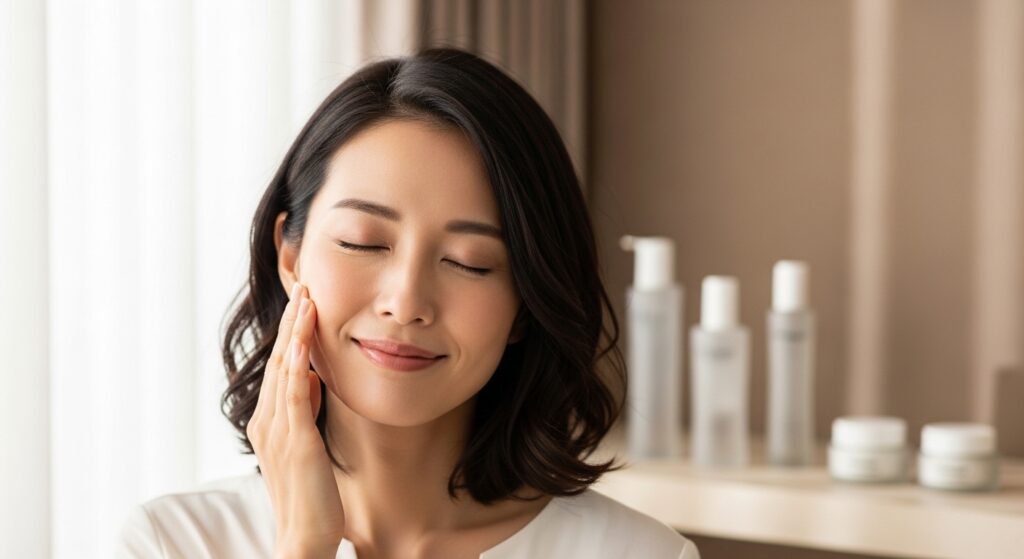 シカクリーム効果. 30代から50代の多様な人々が、敏感肌の悩みが解決したかのような安堵した表情で、顔を優しく撫でています。背景は、さまざまなスキンケア製品がぼんやりと見える暖色系のモダンなスパまたは家庭環境です。柔らかな自然光が顔を照らし、健康的な肌の質感を強調しています。
