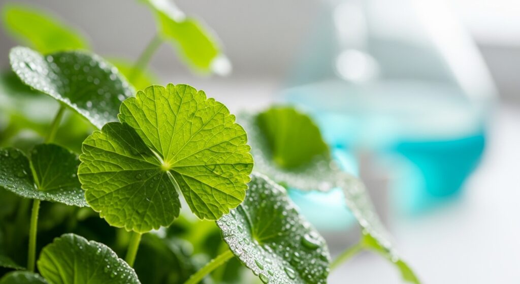 生き生きとしたツボクサ(CICA)植物の精巧なクローズアップで、葉には露のしずくが輝いています。背景は、伝統的な韓国の薬草園または科学実験室のぼやけた様子です。繊細な葉脈と新鮮な緑が強調され、自然の純粋さと科学的効能を同時に伝えています。朝の陽光が優しく降り注いでいます。