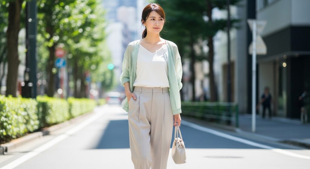 夏コーデおしゃれ. 東京の明るい夏の街角で、軽やかなミントグリーンシアー ジャケットとハイウエストのベージュリネンワイドパンツを組み合わせ、歩いている20代後半の洗練された韓国人スタイルの女性の日常的な様子。柔らかな午後の日差しと背景がぼかされた自然な高画質写真。