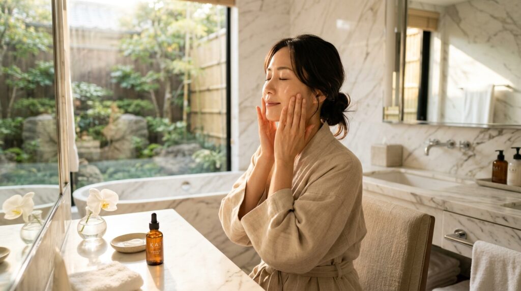 明るく滑らかな無欠点の肌を持つ30代後半のアジア人女性が、高級感のある大理石のバスルームで温かい朝陽を浴びながら、潤いのあるセラムを顔に優しくプレスして浸透させる、穏やかで上品なホームケアルーティンの様子。