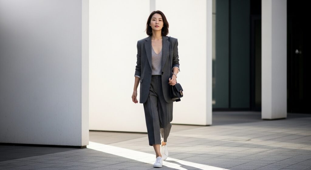 30代前半の自信に満ちた韓国人女性が、モダンなソウルの街中で「ミニマルストリート」と「ソフトクラシック」のトレンドを取り入れながら歩いています。落ち着いたグレーのオーバーサイズブレザー、繊細なシアー素材のトップス、テーラードキュロット、洗練された白スニーカーを組み合わせた都会的なシックさが魅力です。現代的なソウルの建築物を背景に、彼女のダイナミックな動きと洗練された都市スタイルが強調されています。