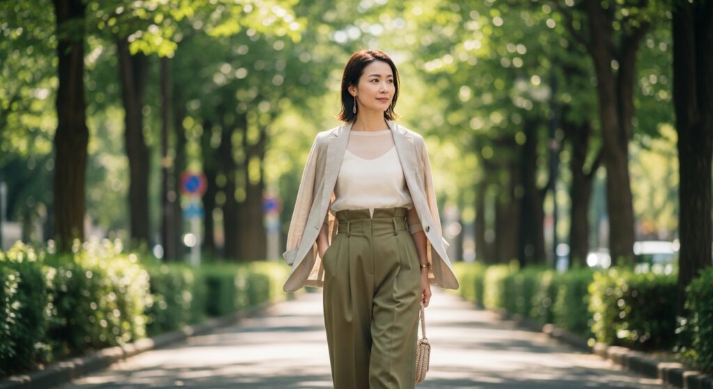上品カジュアルスタイル. 今日の自然な通りで、リネンブレザーとシアートップスを着用した30代の日本人女性が歩く様子。朝日がやわらかく差し込み、繊維の質感が際立つ新鮮な写真。